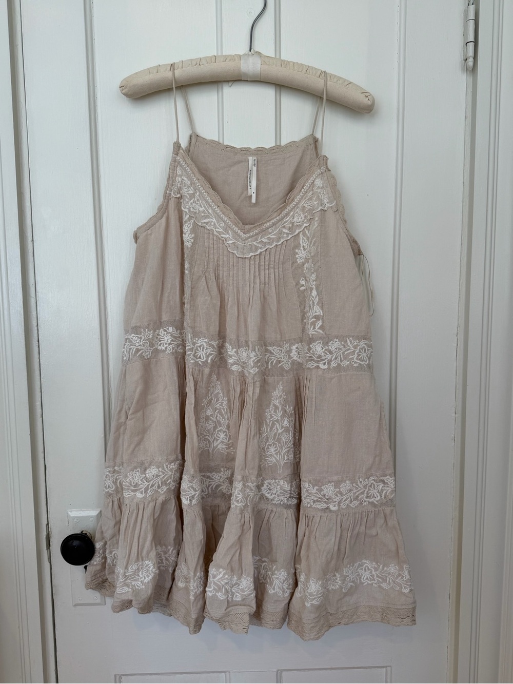 Anthropologie Beige & White Embroidered Spaghetti Strap Sundress